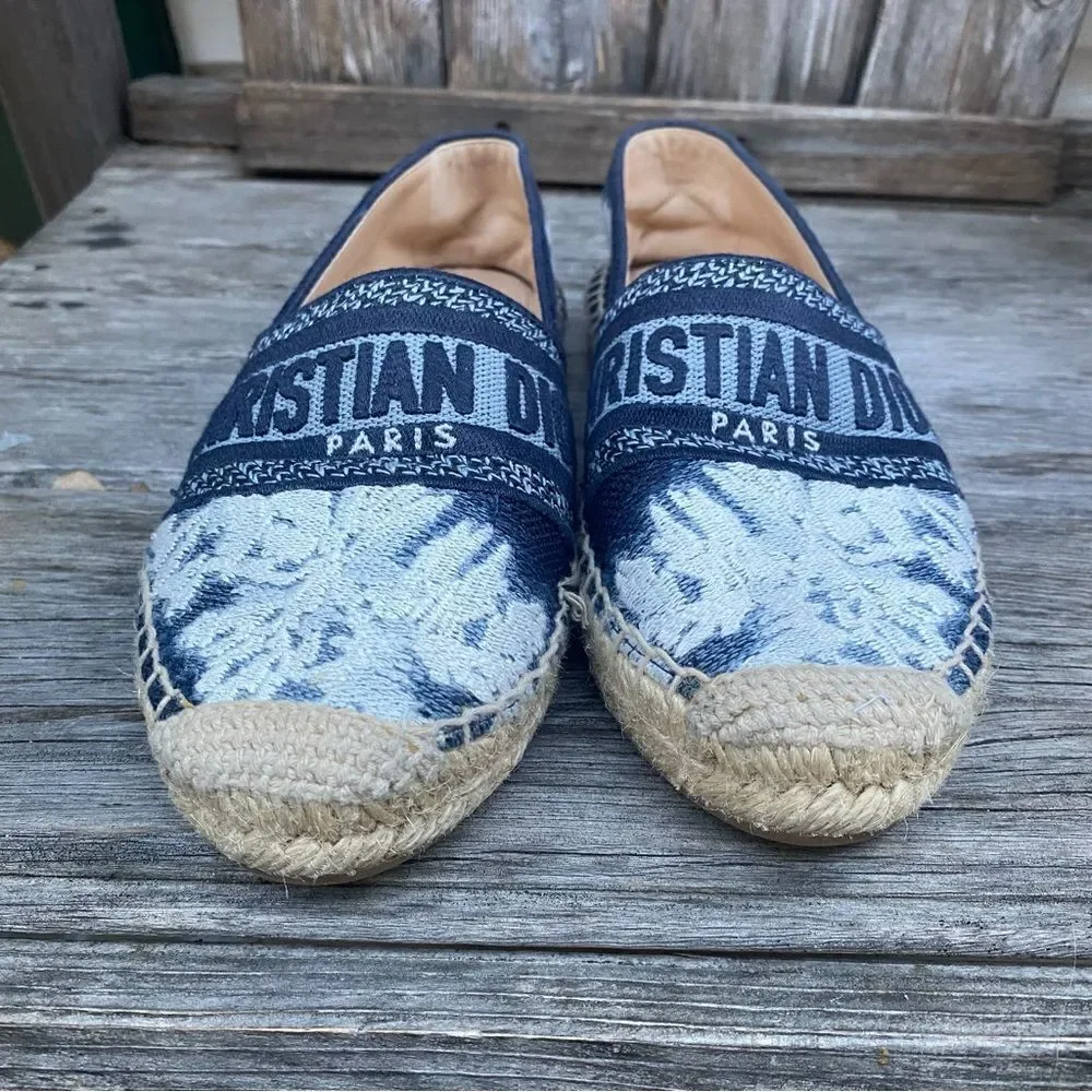 Dior Granville Tie Dye Denim Blue White Logo Embroidered Espadrille Flat 35